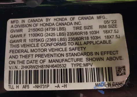 2022 Honda Cr-V Exl z USA, uszkodzony, nr VIN 2HKRW2H81NH640532